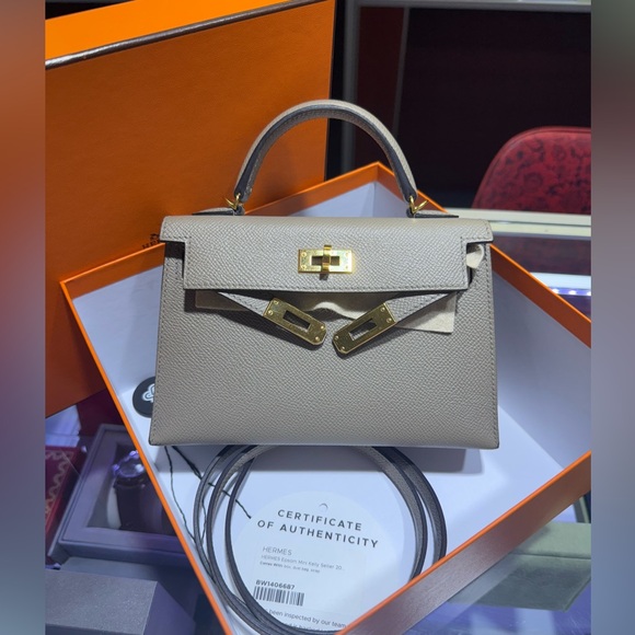Hermes Mini Kelly 20 Sellier Epsom Etain Gold Hardware with box and strap. - Picture 1 of 11